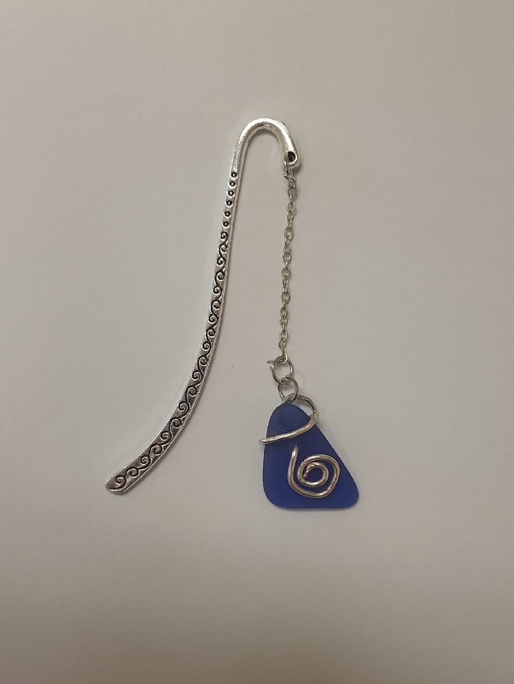 Silver Spiral Accent Blue Sea Glass Bookmark Charm